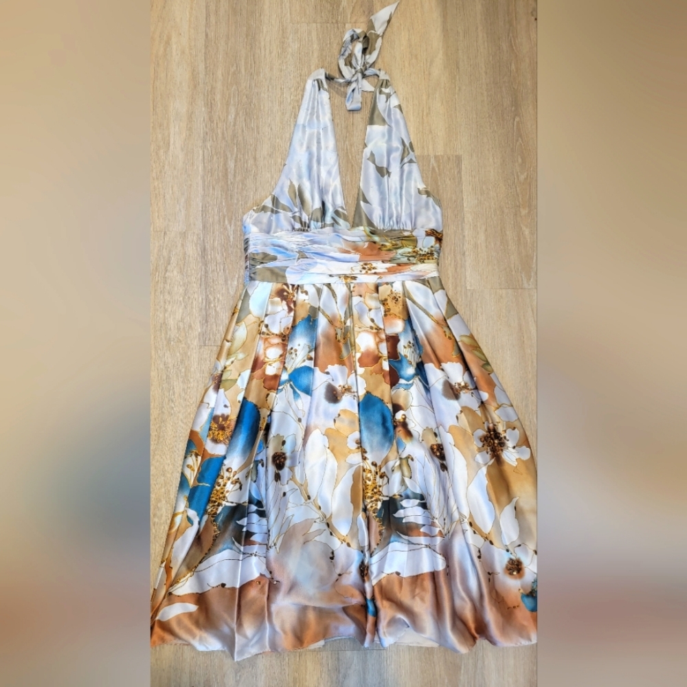 Adrianna Papell Occasion Floral Print Beaded Silk Halter Dress